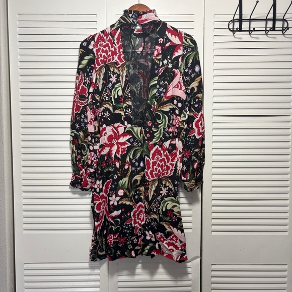 Zara Woman Black and Red Lace Floral Printed Long Sleeve Frill Dress Size X - Picture 4 of 7